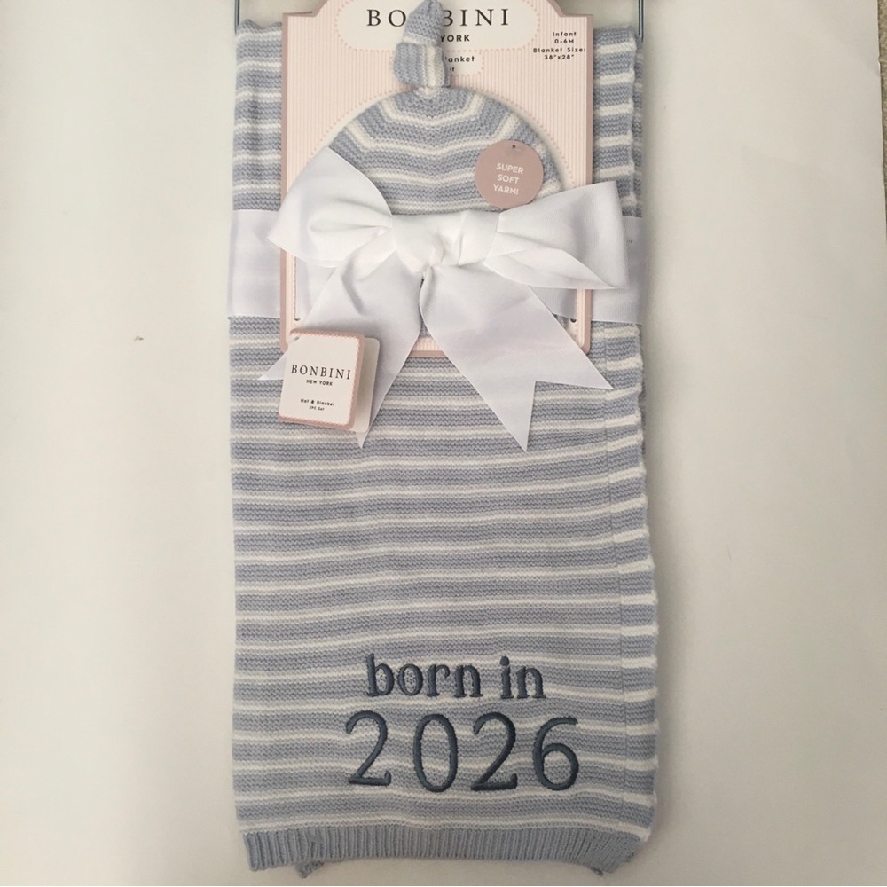 NEW Bonbini Baby Blanket & Hat Embroidered “Born in 2026” Blue Stripes Baby Gift